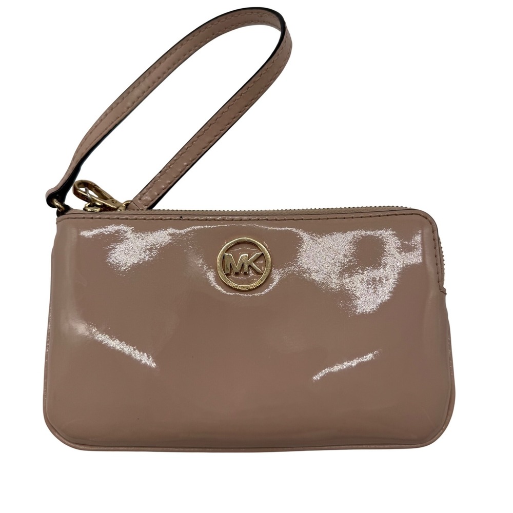Michael Kors Beige Patent Leather Wristlet Gold Logo Zip Clutch Bag